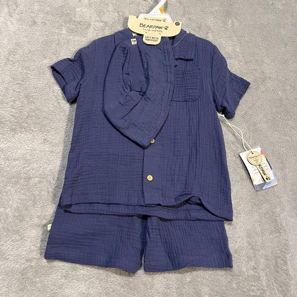 Bearpaw Shirt Shorts Set Toddler 3T Navy Crinkle Gauze Button Top Elastic Waist